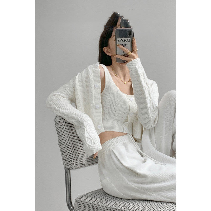 Women's Vintage Twist Knit Cardigan Two Piece Set