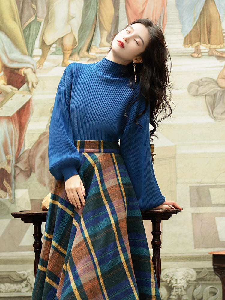 Autumn & Winter Retro Elegant Blue Turtleneck Sweater Set