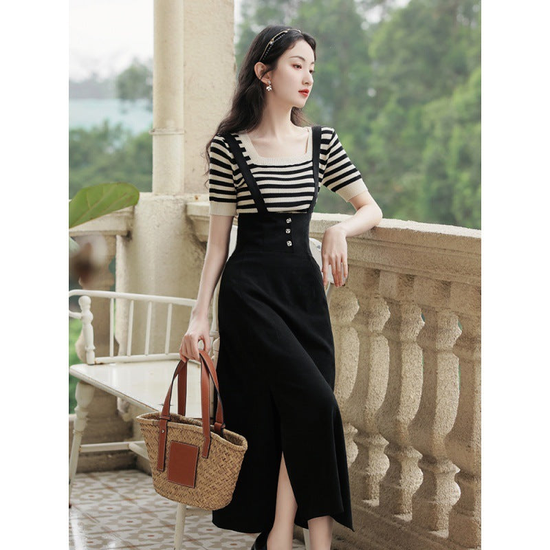 Vintage Girl's Striped Short Sleeve T-shirt And Strappy Skirt Set