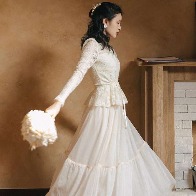 Women's Vintage Lace Court Shirt Mesh Skirt Two Piece Set