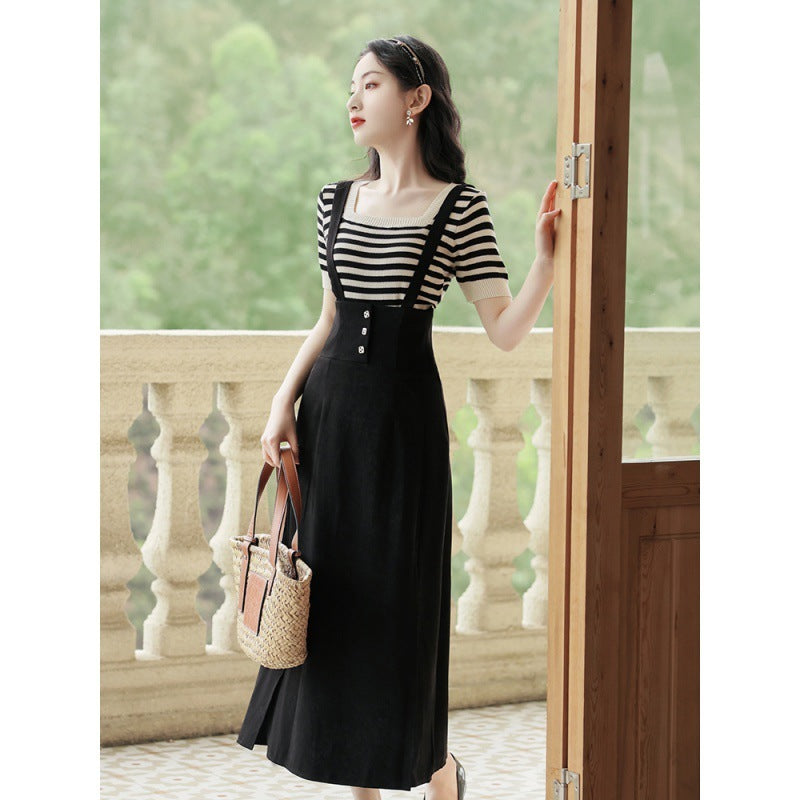 Vintage Girl's Striped Short Sleeve T-shirt And Strappy Skirt Set