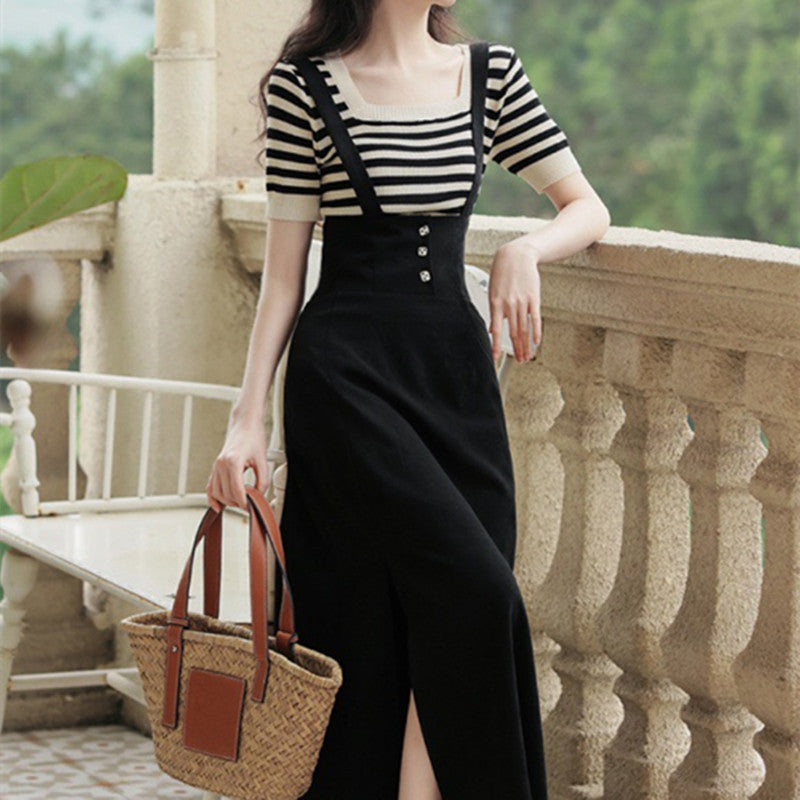 Vintage Girl's Striped Short Sleeve T-shirt And Strappy Skirt Set
