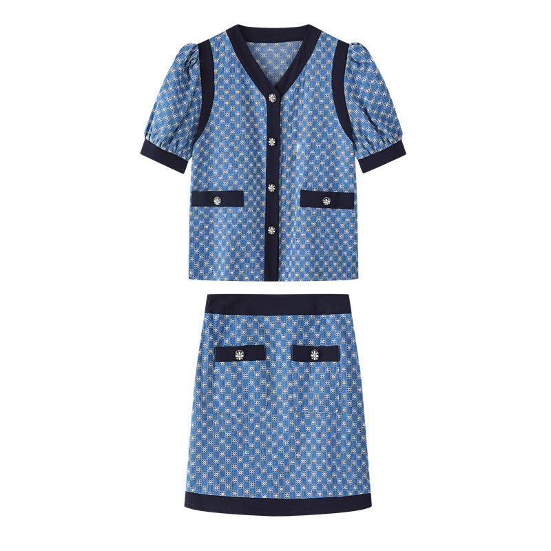 Women's Vintage Jacquard V-Neck Shirt High Waist Shorts Two Piece Set