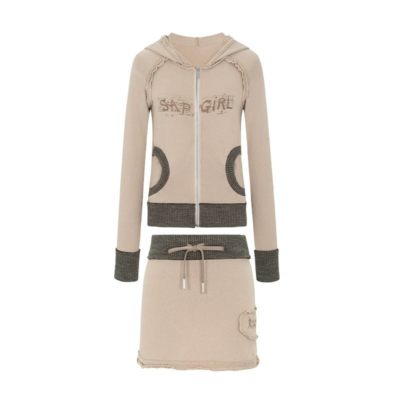 Vintage Washed Raw Edge Vintage Zippered Sweater Short Skirt Sporty Set