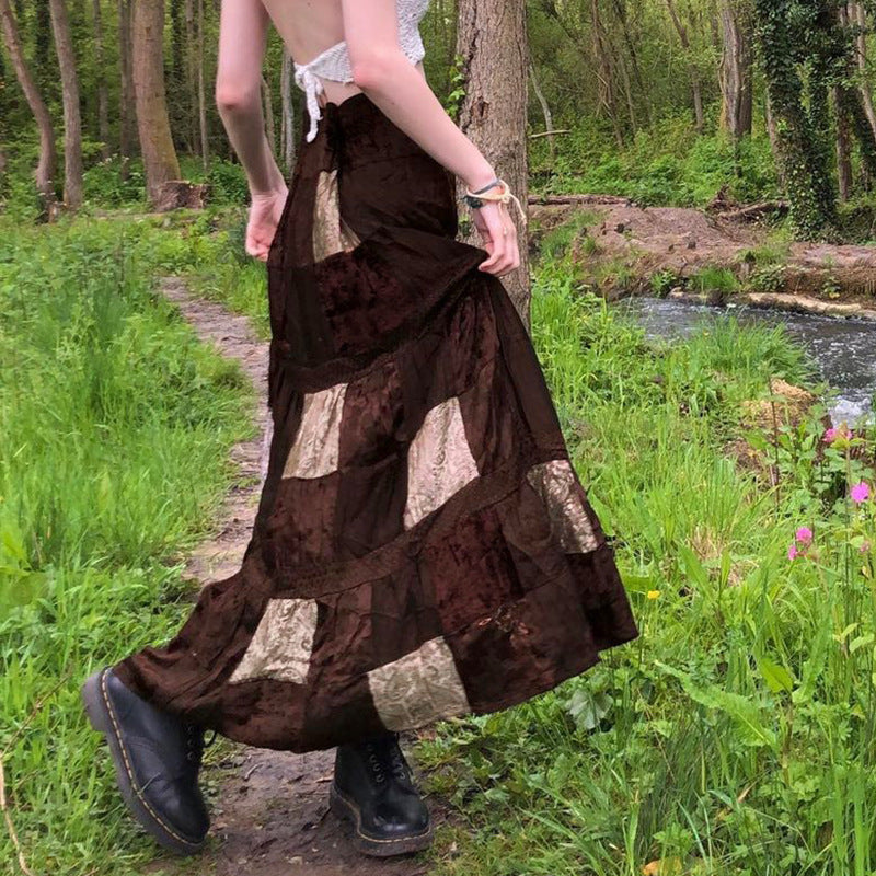 Vintage Contrast Panel Velvet Skirt