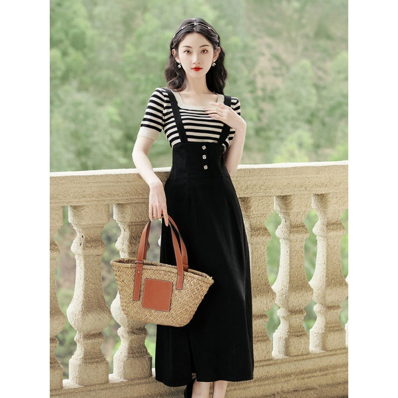 Vintage Girl's Striped Short Sleeve T-shirt And Strappy Skirt Set