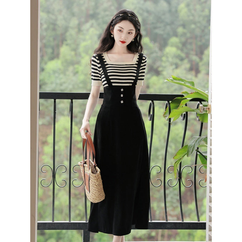 Vintage Girl's Striped Short Sleeve T-shirt And Strappy Skirt Set