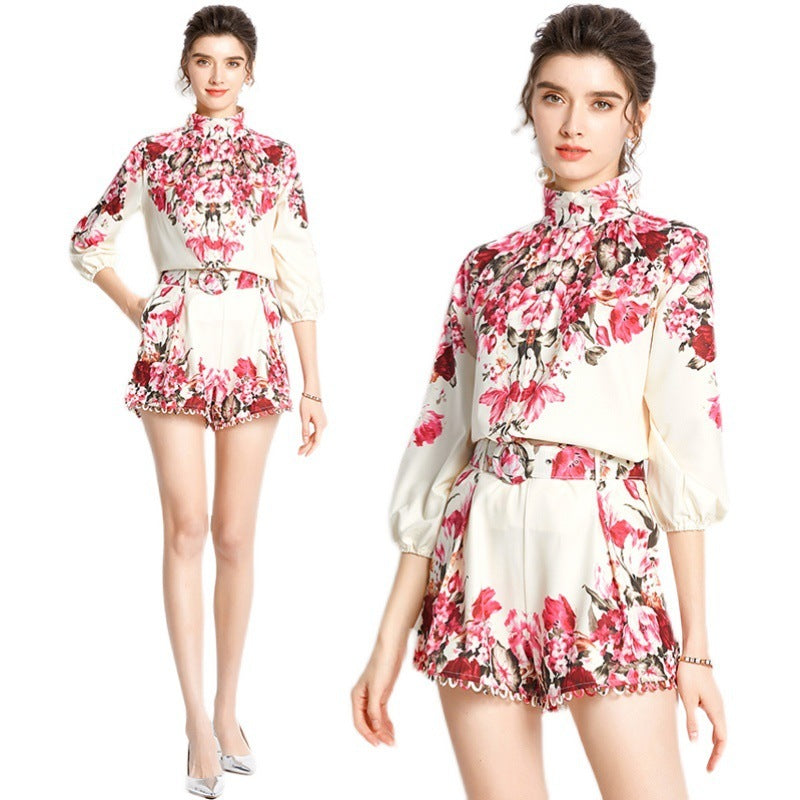 Balloon Sleeve Turtleneck Vintage Print Shirt Loose Shorts Set