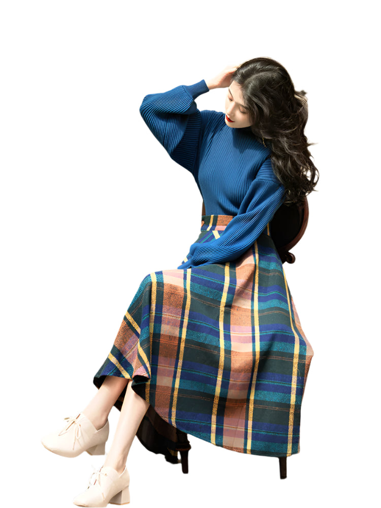 Autumn & Winter Retro Elegant Blue Turtleneck Sweater Set