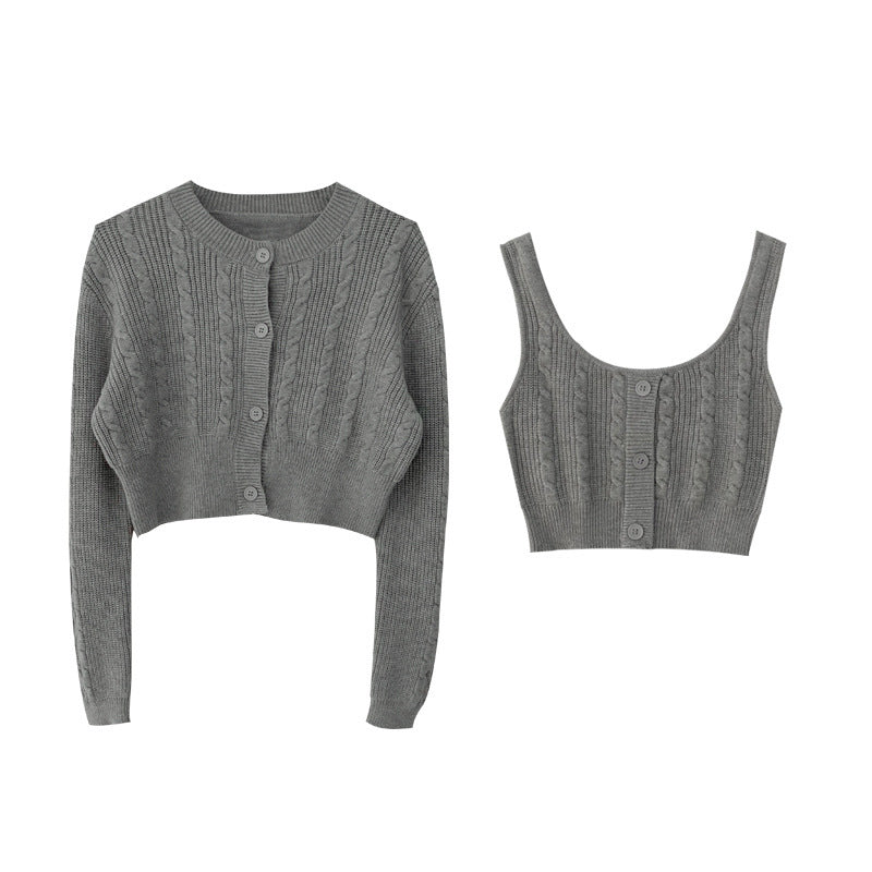 Women's Vintage Twist Knit Cardigan Two Piece Set