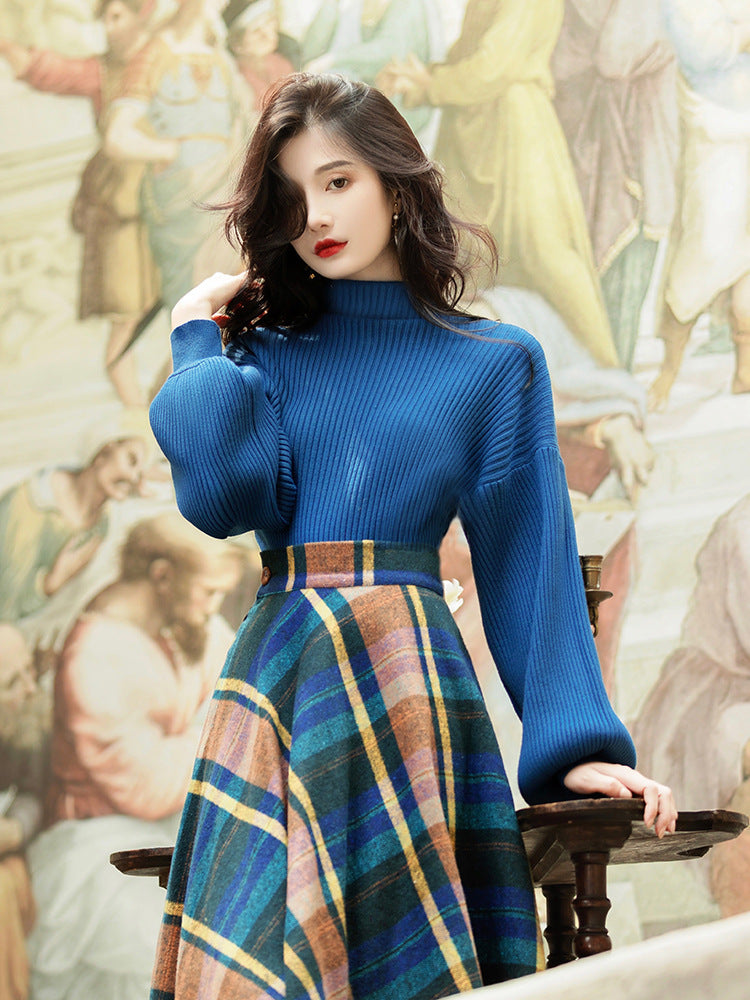 Autumn & Winter Retro Elegant Blue Turtleneck Sweater Set
