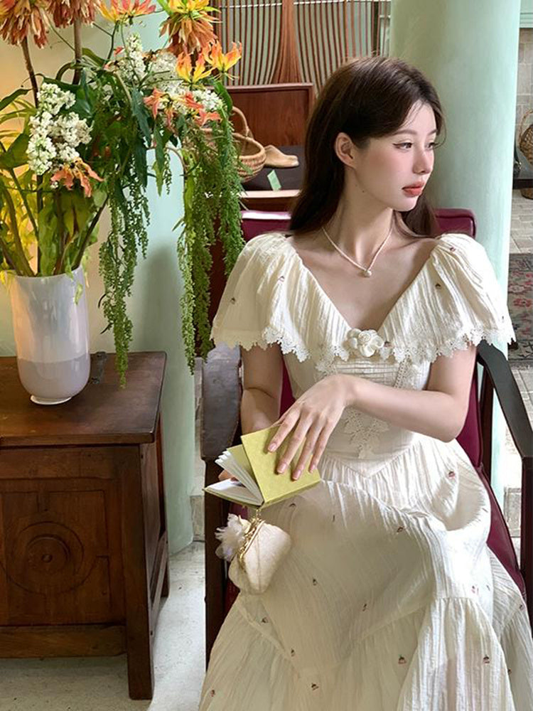French Vintage Embroidered Floral Dress