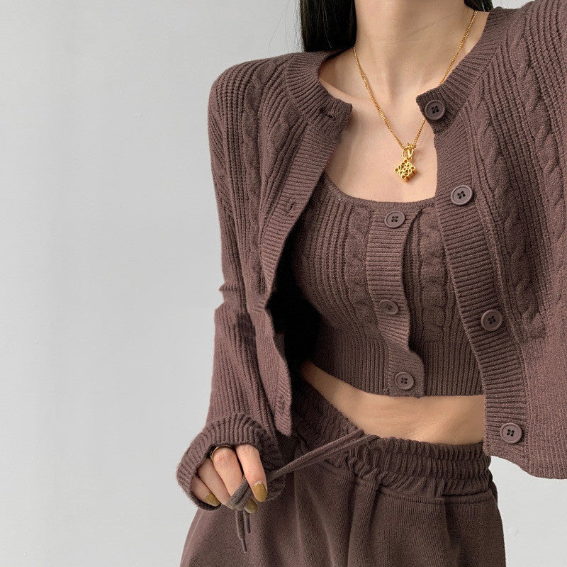 Women's Vintage Twist Knit Cardigan Two Piece Set