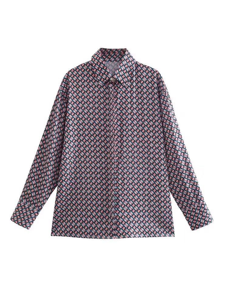 Vintage-inspired Geometric Print Shirt-pants Set