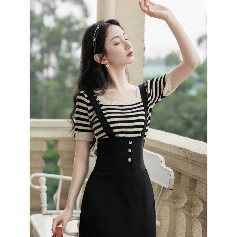 Vintage Girl's Striped Short Sleeve T-shirt And Strappy Skirt Set