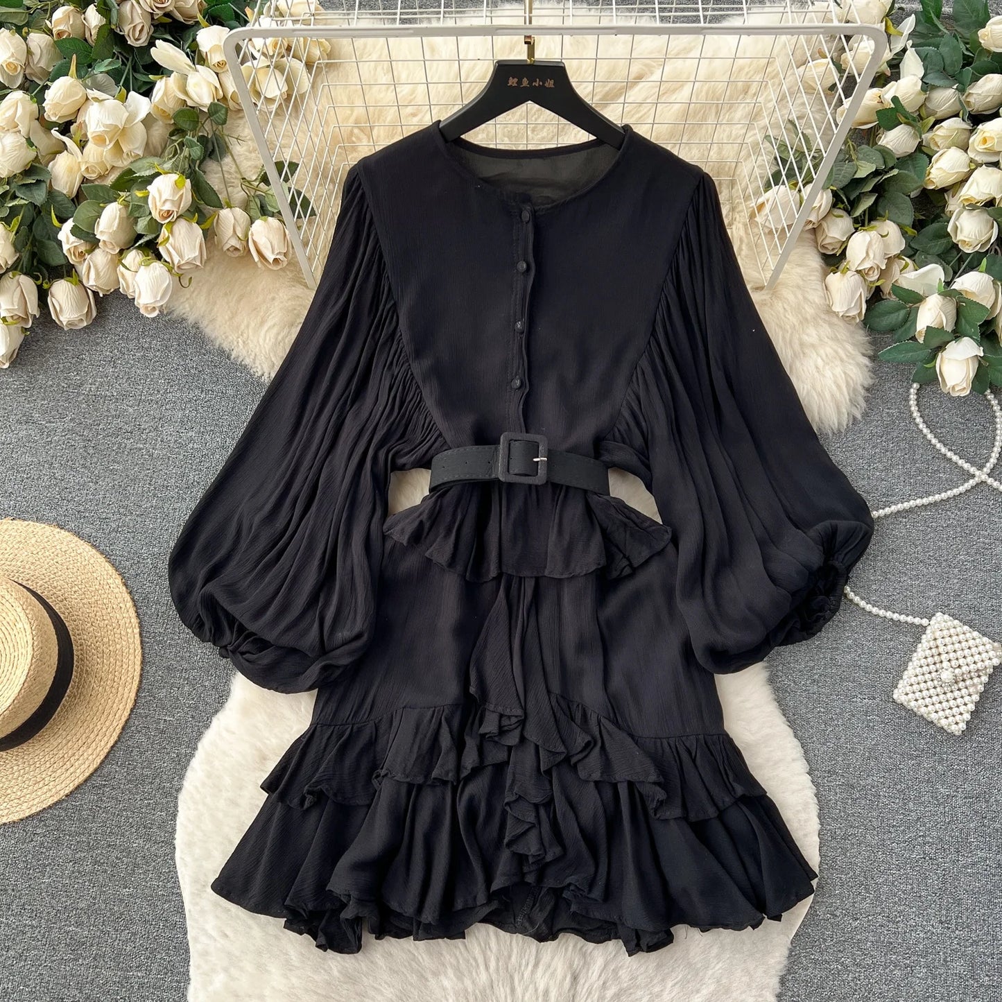 Spring Fall Retro Bubble Sleeve Ruffle Long Sleeve Women’s Dress