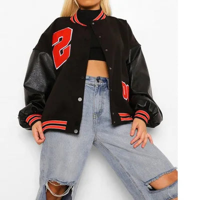 Spring Autumn Retro Baseball Bomber Jacket for Women