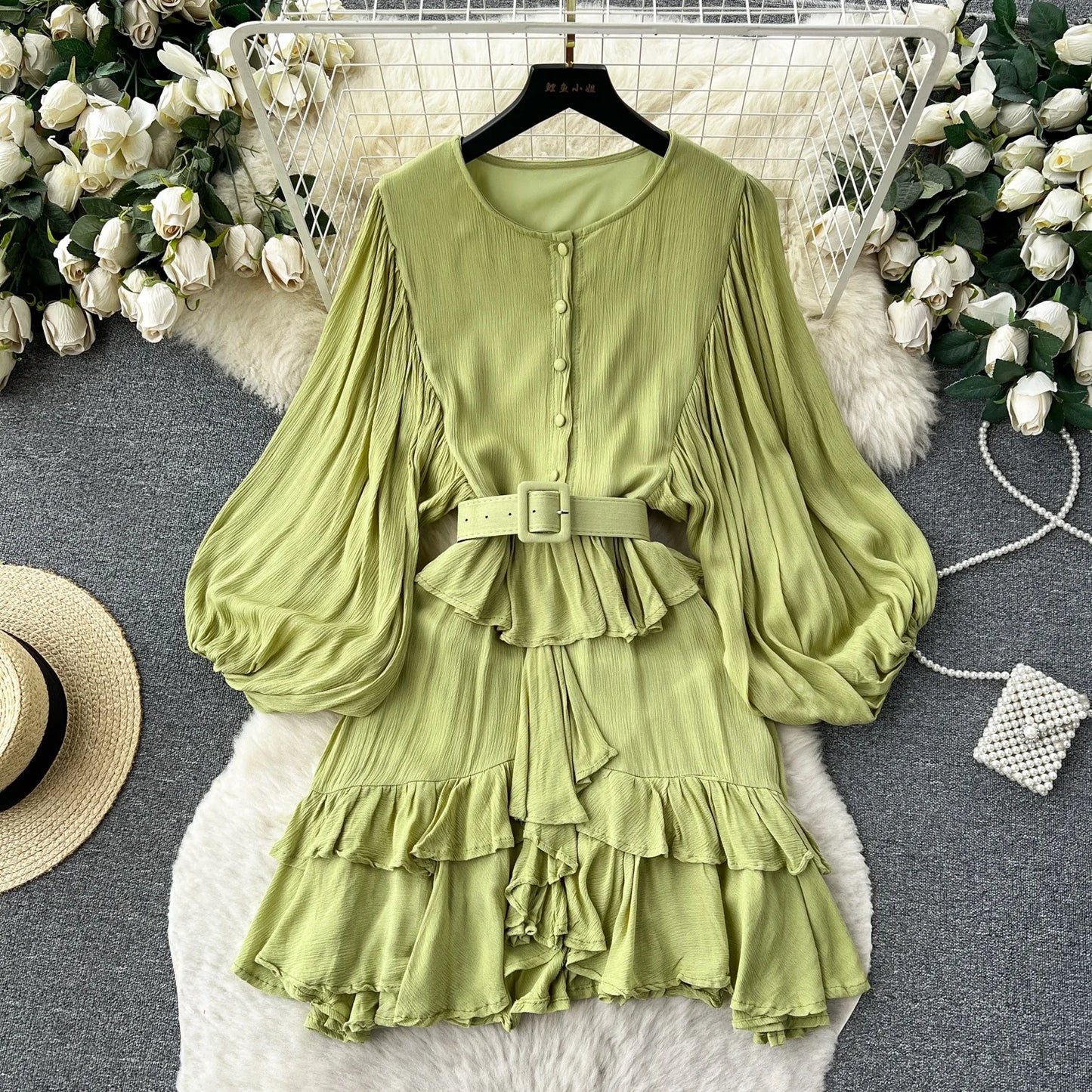 Spring Fall Retro Bubble Sleeve Ruffle Long Sleeve Women’s Dress