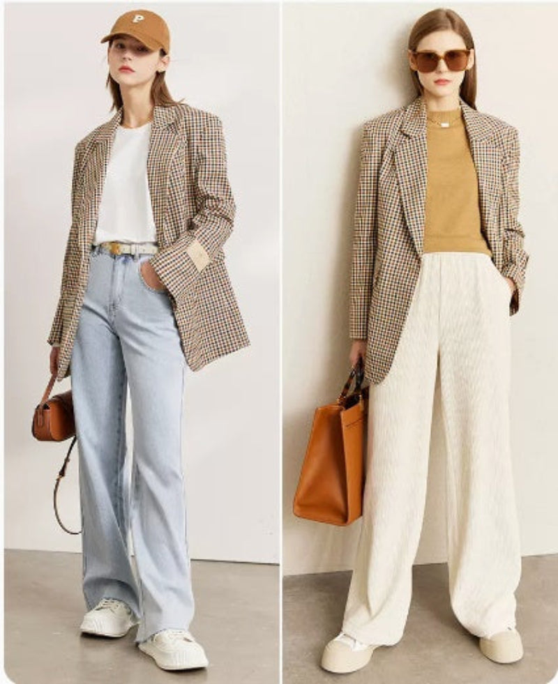 Vintage plaid suit jacket for women with wide shoulders, perfect for casual and formal occasions.