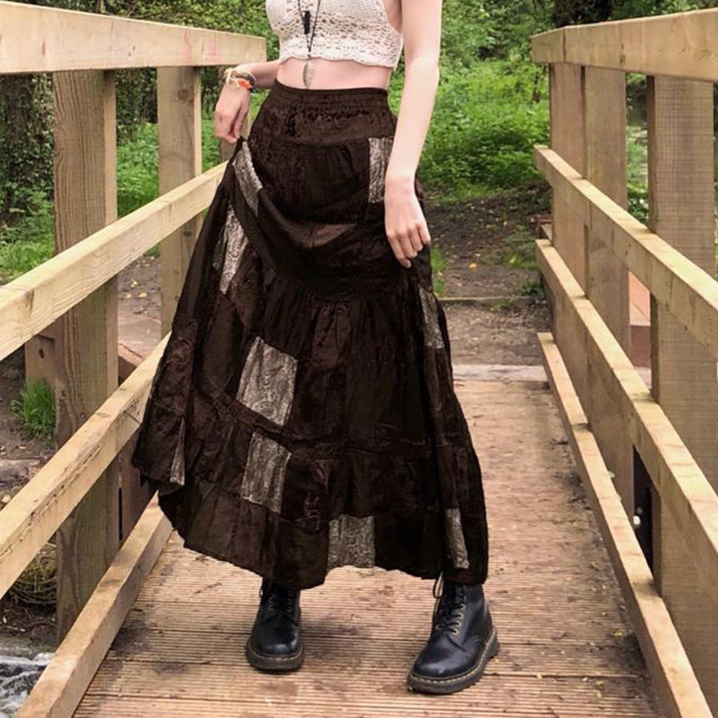 Vintage Contrast Panel Velvet Skirt
