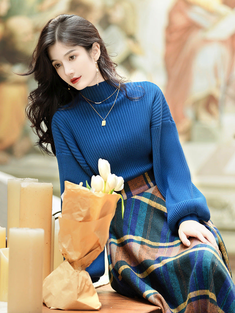 Autumn & Winter Retro Elegant Blue Turtleneck Sweater Set