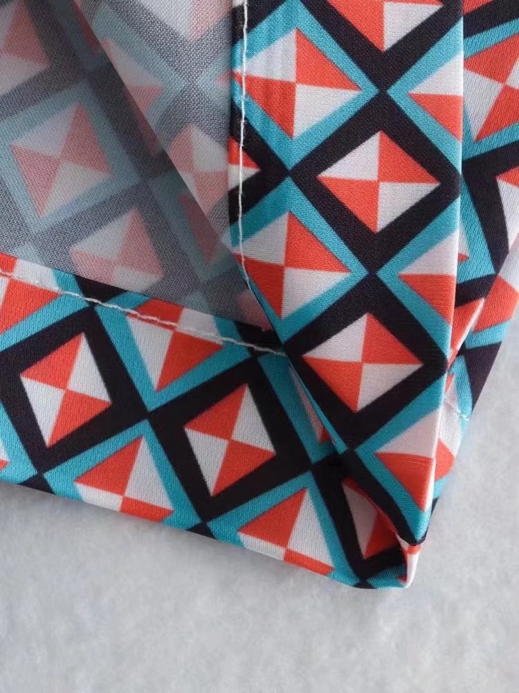Vintage-inspired Geometric Print Shirt-pants Set