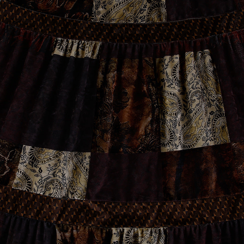 Vintage Contrast Panel Velvet Skirt