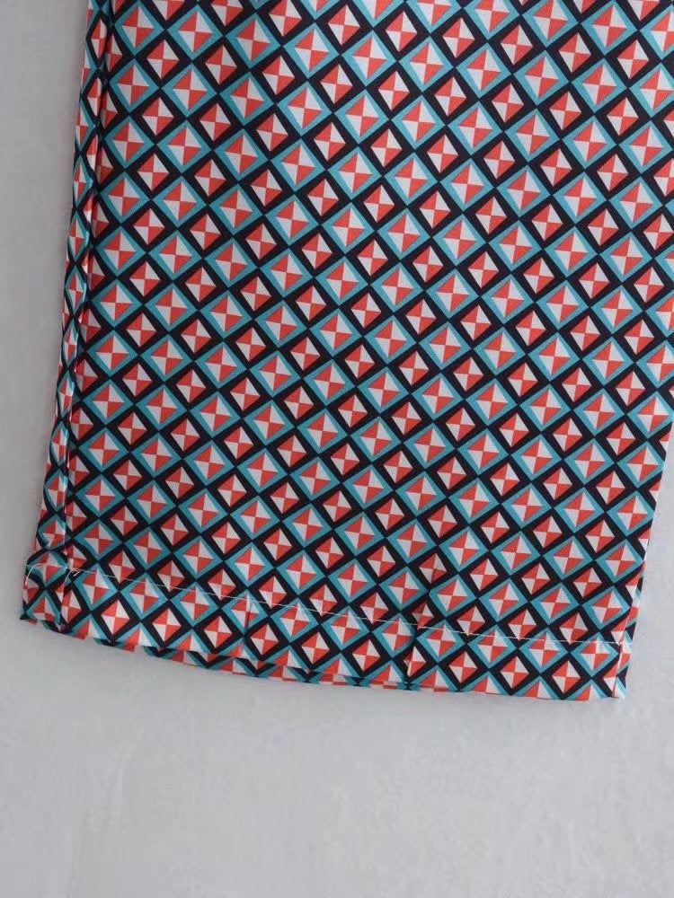 Vintage-inspired Geometric Print Shirt-pants Set