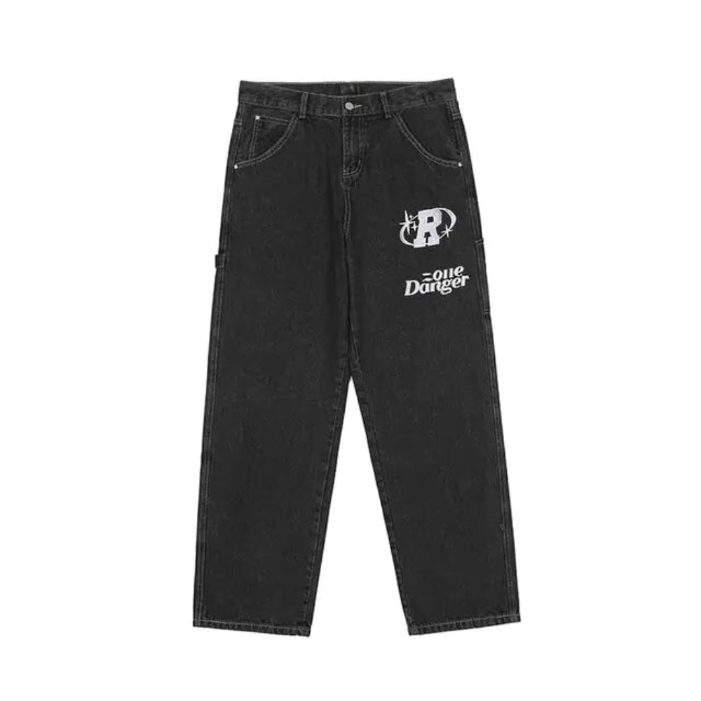 Retro letter embroidery casual jeans, offering a trendy and comfortable style.