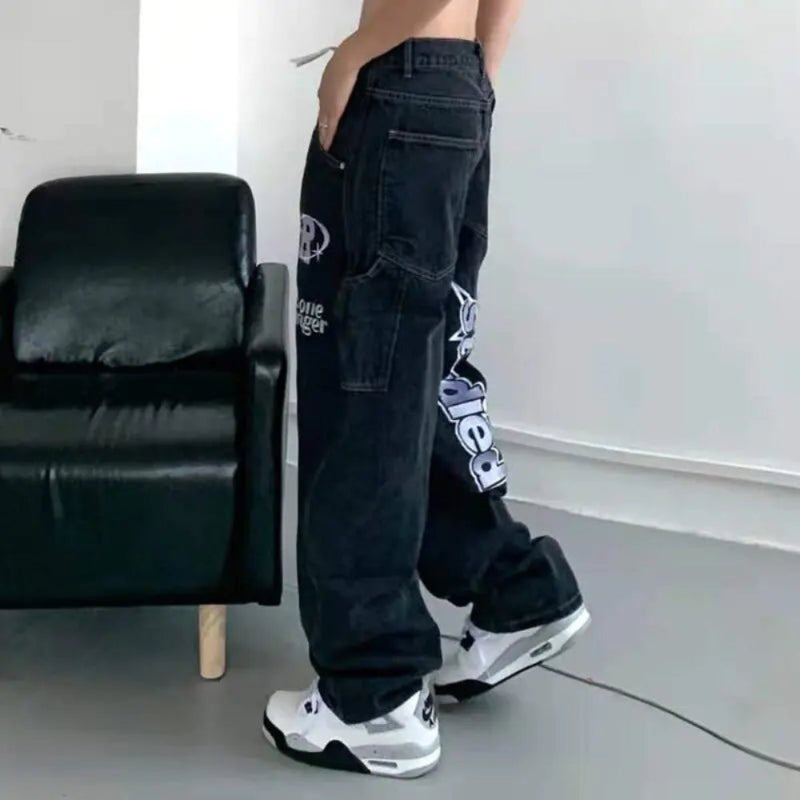 Retro letter embroidery casual jeans, offering a trendy and comfortable style.