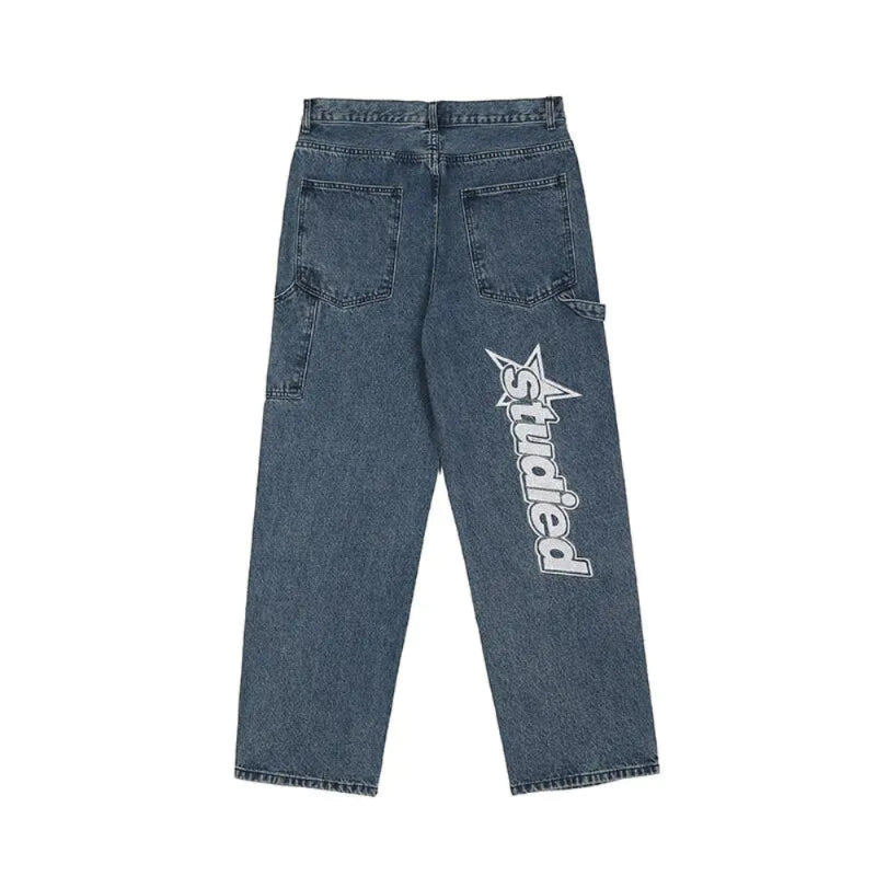 Retro letter embroidery casual jeans, offering a trendy and comfortable style.