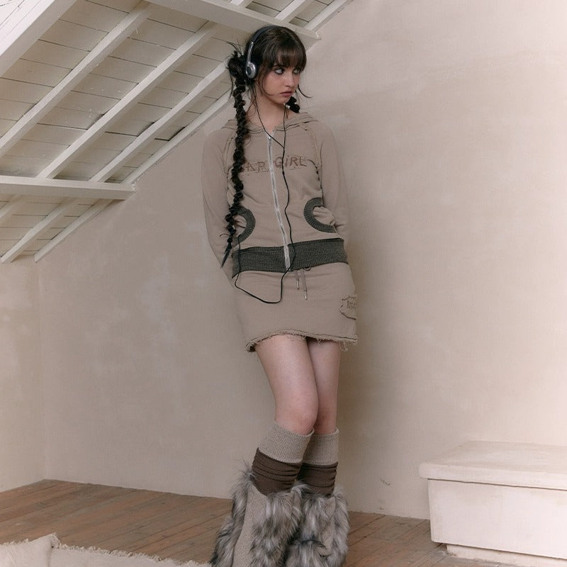 Vintage Washed Raw Edge Vintage Zippered Sweater Short Skirt Sporty Set