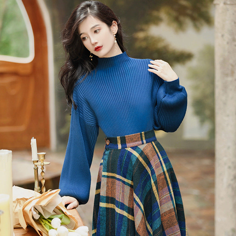 Autumn & Winter Retro Elegant Blue Turtleneck Sweater Set