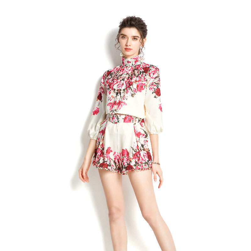 Balloon Sleeve Turtleneck Vintage Print Shirt Loose Shorts Set