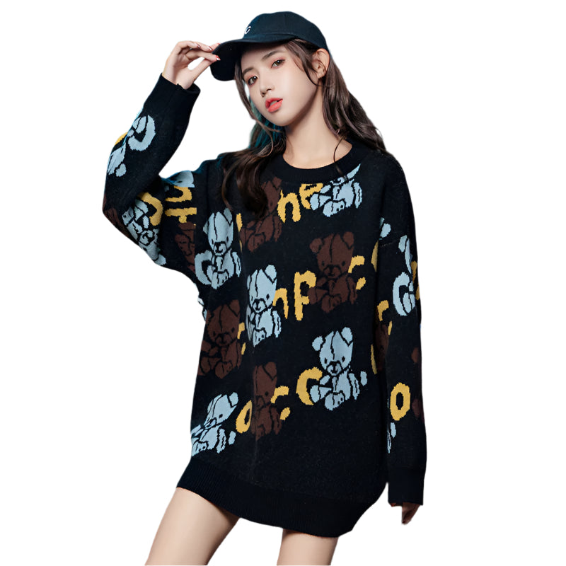 Japanese style knitted sweater with animal pattern, loose fit, thick and cozy for chilly days.