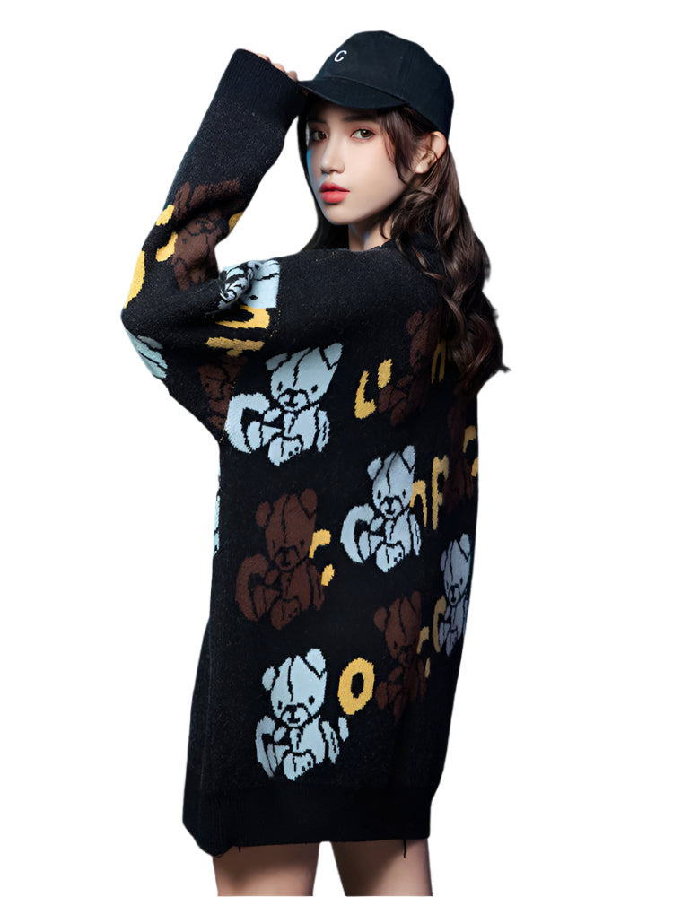 Japanese style knitted sweater with animal pattern, loose fit, thick and cozy for chilly days.
