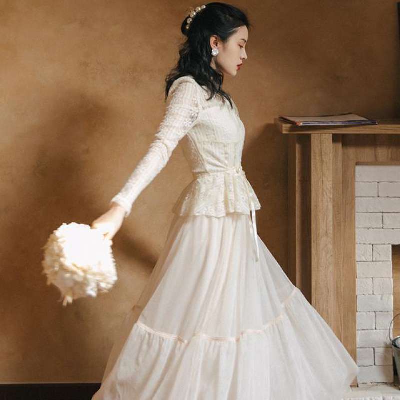 Women's Vintage Lace Court Shirt Mesh Skirt Two Piece Set