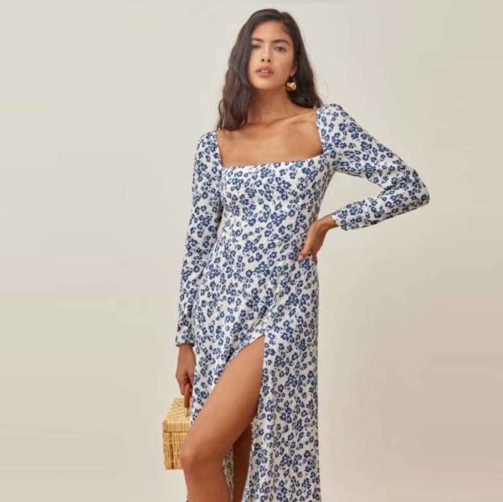 Women's French vintage fashion print long dress, featuring an elegant design and timeless style for a sophisticated look.