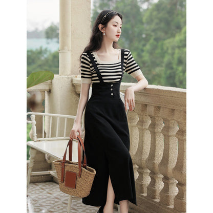 Vintage Girl's Striped Short Sleeve T-shirt And Strappy Skirt Set