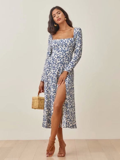 Women's French vintage fashion print long dress, featuring an elegant design and timeless style for a sophisticated look.