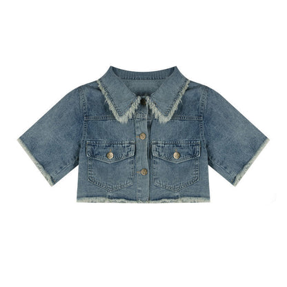 Vintage Washed Burlap Short Shirt Denim Set