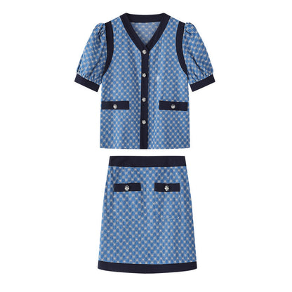 Women's Vintage Jacquard V-Neck Shirt High Waist Shorts Two Piece Set