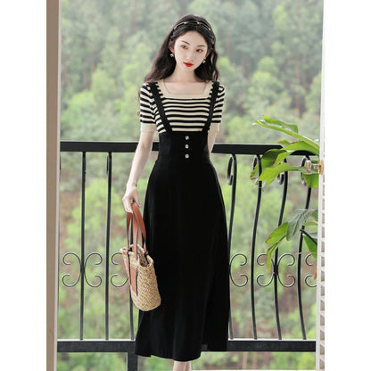 Vintage Girl's Striped Short Sleeve T-shirt And Strappy Skirt Set