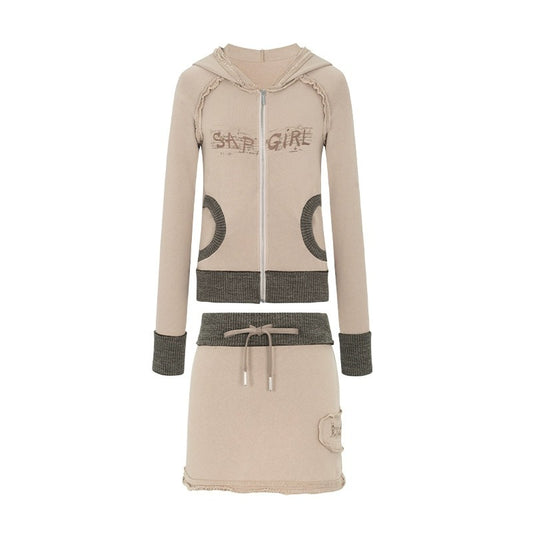 Vintage Washed Raw Edge Vintage Zippered Sweater Short Skirt Sporty Set