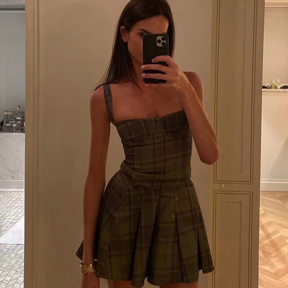 Vintage Plaid Small Sling Skirt Two Piece Set