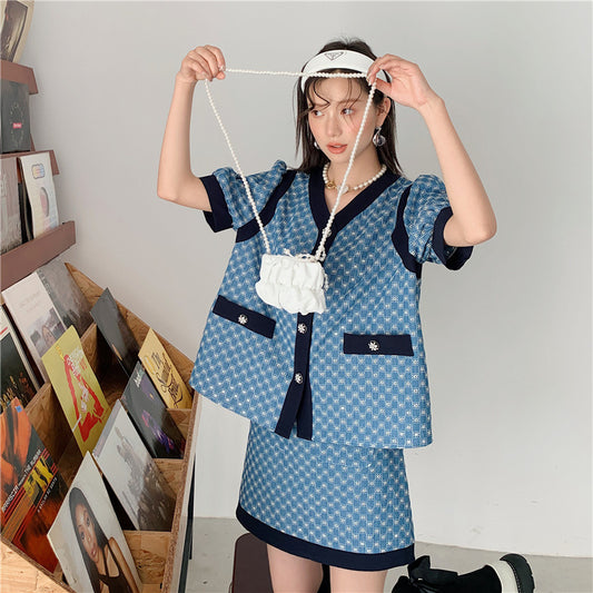 Women's Vintage Jacquard V-Neck Shirt High Waist Shorts Two Piece Set
