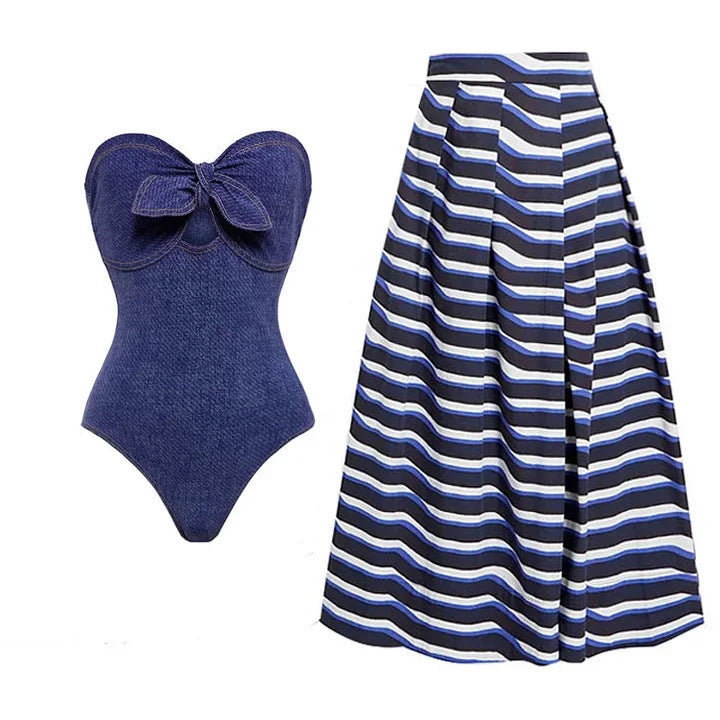 Denim One-piece Women's Swimwear Vintage Swimsuit Holiday Beach Dress