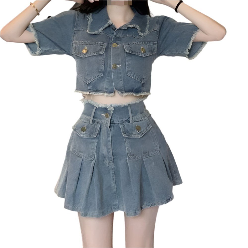 Vintage Washed Burlap Short Shirt Denim Set