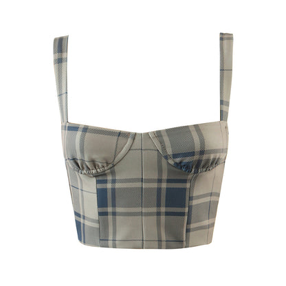 Vintage Plaid Small Sling Skirt Two Piece Set