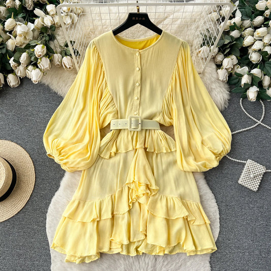 Spring Fall Retro Bubble Sleeve Ruffle Long Sleeve Women’s Dress